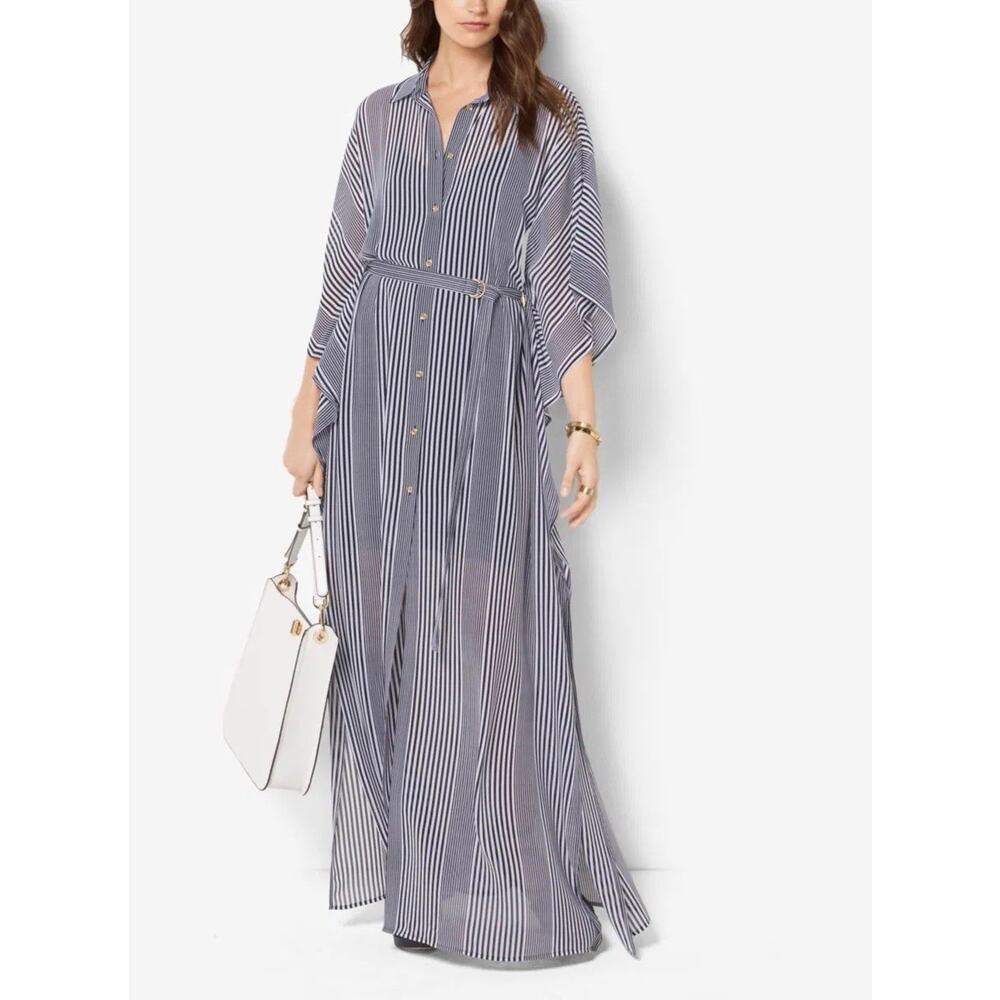 Michael Kors Belted kaftan Maxi Dress Flowing Cruise Pinstripe Resort Preppy SM